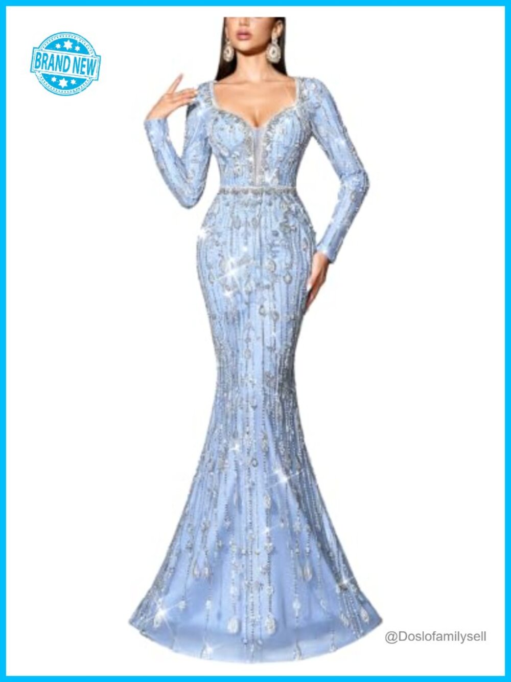 Sequin Beaded Mermaid Prom Dress Long Sleeve Formal Evening Gown
